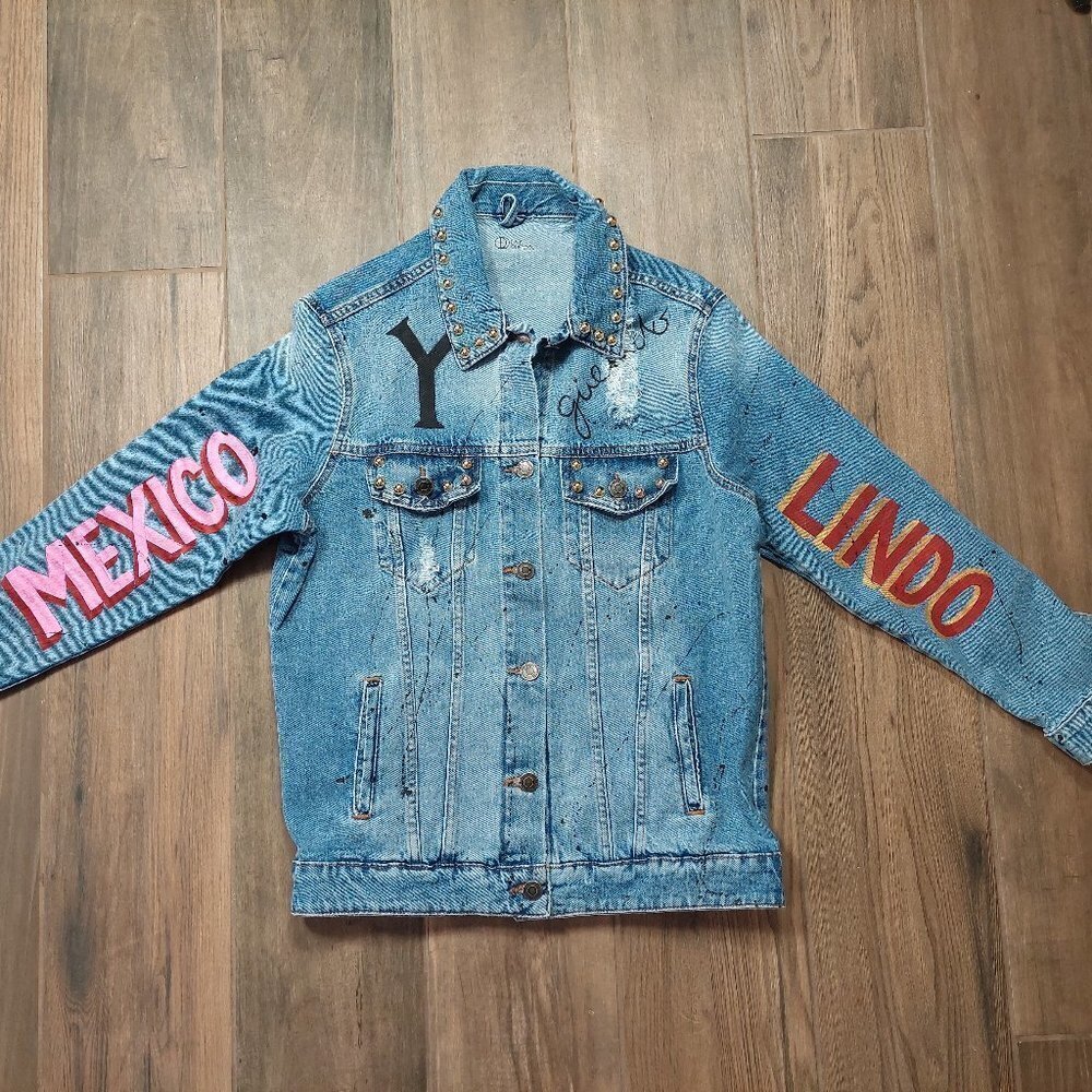 Denim Jean Jacket Mexico Lindo Y Querido Hand Painted Distressed Studs $229